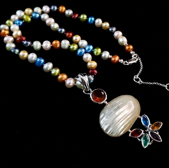 Sterling silver pendant necklace real pearls blush blue peacock magenta